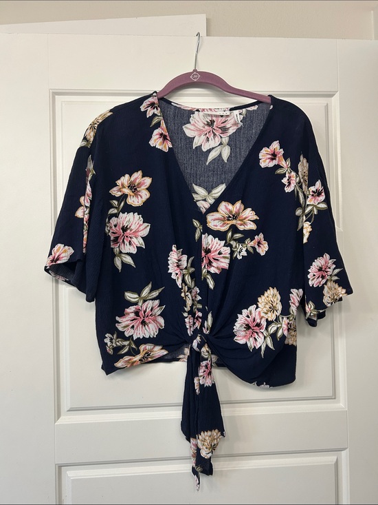 LUQ Tops - Navy Floral Tie-Front Top with Pink Flowers